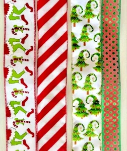 Lote de 4 rollos de cinta de rayas de árboles Grinch de Navidad 5 yardas cada uno borde con cable 20 yardas - Imagen 1 de 2