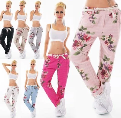 ITALY MODA ITALY Damen Hose Baggy Boyfriend Blumen Print Baumwolle Leinen Look Gürtel 36-40
