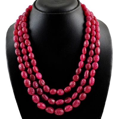 TOP CLASS 849.00 CTS EARTH MINED 3 LINE RICH RED RUBY OVAL CARVED BEADS NECKLACE - Image 1 of 3