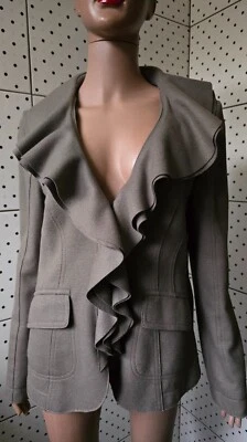 MARC CAIN Wool/Cashmere Short Blazer Fitted Full Zip Ruffles Size 5 Taupe - Image 1 of 4