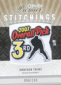 09-10 opc premier stitchings jonathan toews blackhawks "3rd pick" patch 50/199