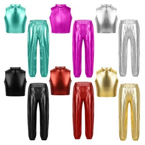 Girls 2Pcs Dance Outfits Shiny Metallic Vest with Pants Jazz Hip Hop Dancewear - Picture 1 of 26