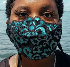 Sky Blue Metallic Floral Lace Face Mask with 2x FILTER Handmade  - Picture 1 of 3