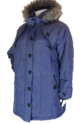 MUJER DENTRO ~ ¡COMO NUEVO!!~ABRIGO CON CAPUCHA RELLENO MEZCLA NAILON ACOLCHADO AZUL DENIM 32W Foto 1 de 4