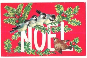 NOEL auf roten SPATZEN Kiefern Vögel FROHE WEIHNACHTEN KARTE Postkarte 1985 - Bild 1 von 2