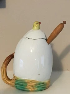 Vintage Senfglas Keramik Ei Küken Ostern Marmelade Honig mit Löffel Küche Gewürz - Bild 1 von 3