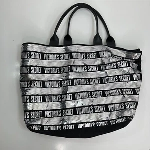 VICTORIA’S SECRET Black And Silver Sequin Bling Weekender Tote Bag  - Picture 1 of 19