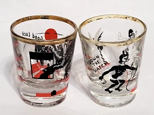 Vintage 2 Humorous Souvenir Shot Glasses 'GOOD LUCK' & 'DOWN THE HATCH' - Picture 1 of 4