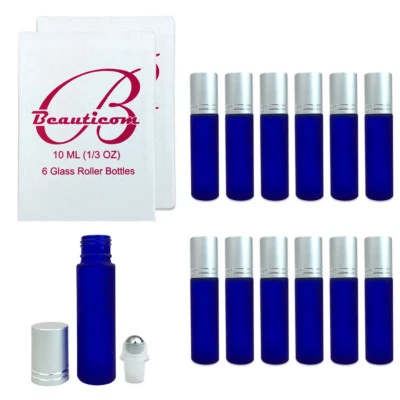 BEAUTICOM 12pcs 10ML Frosted Blue Glass Roller Bottles with Steel Ball and Silver Cap