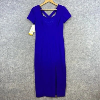 Liz Claiborne NWT Vintage 80s Midi Sheath Dress Size 2P Blue Embroidered - Image 1 of 4