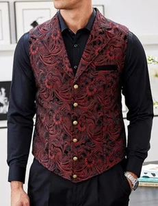 Coofandy Men Suit Vest Paisley Floral Tuxedo with Notched Lapels Wine Red - XL - Picture 1 of 6