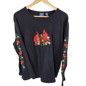 Mountain Lake II Black Cardinal Poinsettia Long Sleeve Shirt Women's 1X - Picture 1 of 5