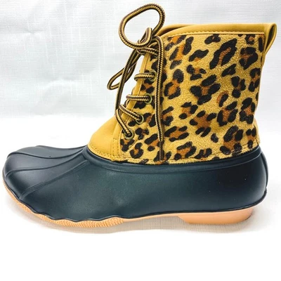 Botas al tobillo impermeables con cordones negras tostadas con estampado de leopardo para mujer talla 7 Foto 1 de 4