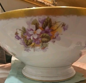 ANTIQUE T&V LIMOGES PORCELAIN FLORAL PUNCH BOWL VIOLETS 13 1/2" DIA - Picture 1 of 4