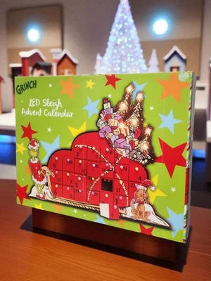 Grinch LED Sleigh Advent Calendar 24 Drawer Light Up Refillable Wooden Display - Image 1 of 4