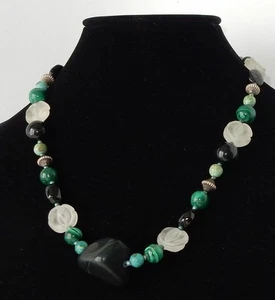 Larzo Necklace set with Earrings Malachite Carved Glass Unpolished Green Opal - Picture 1 of 14