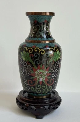 Antique Chinese Cloisonné Enamel Brass Vase Black W/Flowers 6” Impressed “CHINA” - Image 1 of 4
