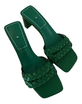 Женские босоножки на зеленом каблуке 40 зеленые с квадратным носком тканые сандалии на блочном каблуке - Изображение 1 из 4