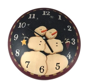 Reloj de Pared Muñeco de Nieve Primitivo Rústico 11.5" Pintado a Mano con Borde Granate - Imagen 1 de 10