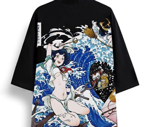 Japanese Anime Lady Tsunami Wave Women Kimono Robe Cardigan Beach Cover-Up Cloak