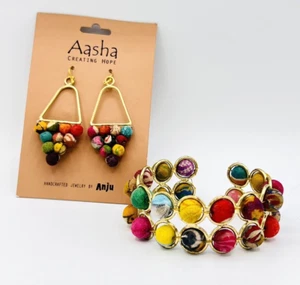 Aasha by Anju Recycled Multicolor Brass Frame Cuff Bracelet And Dangle Earrings - Picture 1 of 16