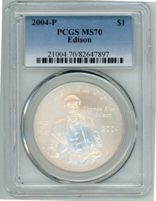 2004P THOMAS EDISON COMMEMORATIVE $1 PCGS MS70 Cert. 82647897 - Image 1 of 2