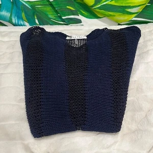 Trina Turk XS Crochet Cap Sleeve Sheer Office Fall Autumn Stretchy Blue Sweater - Picture 1 of 9