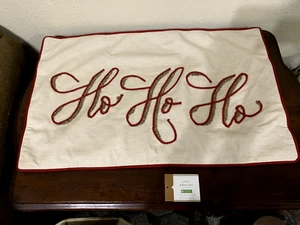 Pottery Barn HO HO HO Throw Pillow Cover Embroidered 16" x 26" Cotton Linen - Picture 1 of 18