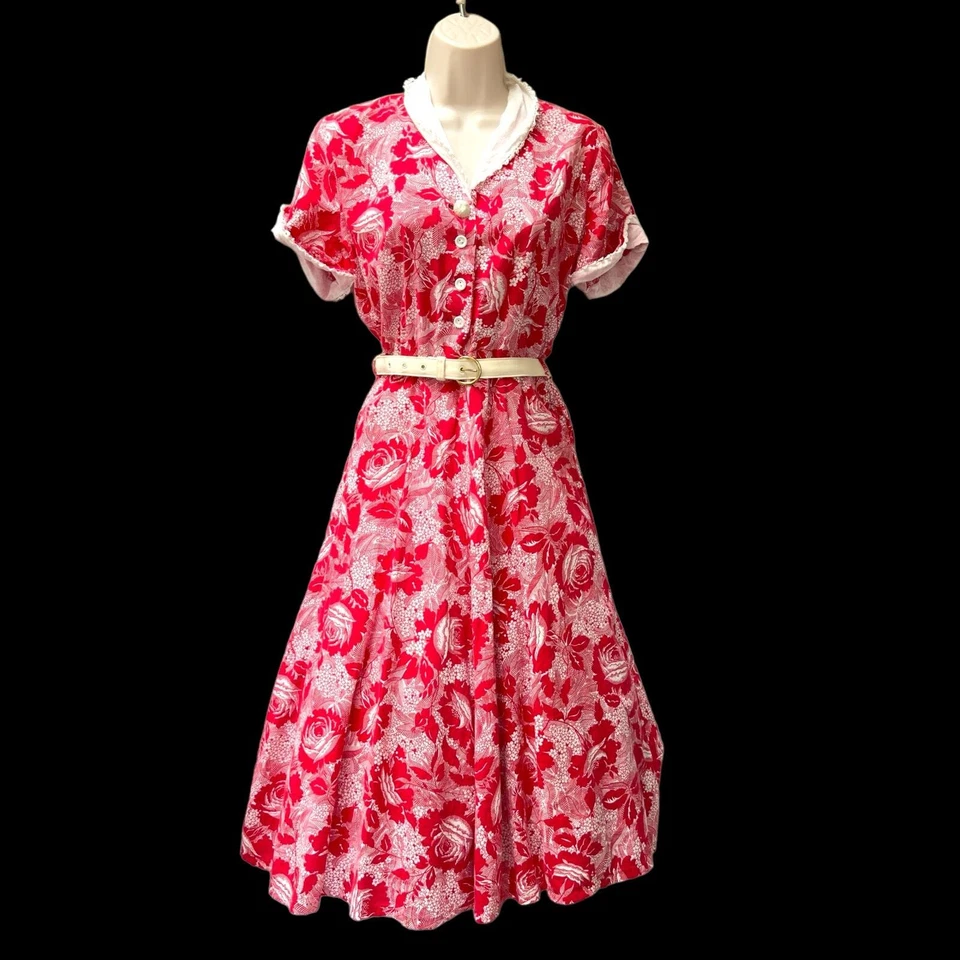 Vestido Camisa Vintage Años 50 Tiki Mode O’Day Rojo Tropical Floral Ajuste y Acampanado Encaje S Foto 1 de 4