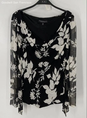 Blusa Pullover Mujer Carmen Marc Valvo Negra Blanca Seda Floral Cuello Capucha 10 Foto 1 de 4