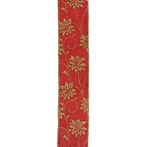 Northlight 12 Cranberry Red Gold Poinsettia Burlap Christmas Ribbon Spools 2.5" - Picture 1 of 3
