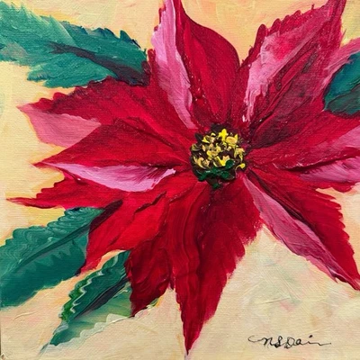 Small Painting - Red Poinsettia On Creamy Yellow Background 8”x8” Acrylic Canvas - Image 1 of 4