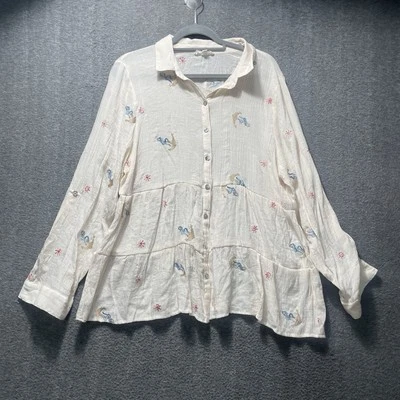 XXL Para Mujer Hope Springs Manga Rodante Niveles Botón Bordado Náutico Boho Foto 1 de 4