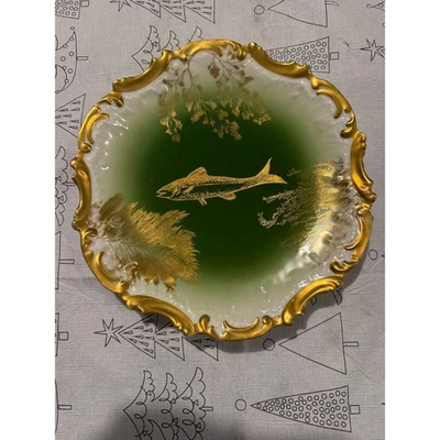 ✨ Антикварная лиможская тарелка с зелеными и золотыми рыбками — 9 дюймов — Ovington Bros. New York - Изображение 1 из 3