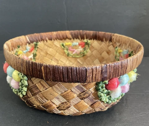 Vintage Woven Embroidered Basket Colorful Cottagecore 8" Cover
