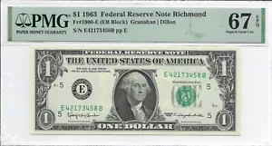 1963 $1 RICHMOND FRN. PMG SUPERB GEM Uncirculated 67 EPQ Banknote. E/B block - Picture 1 of 2