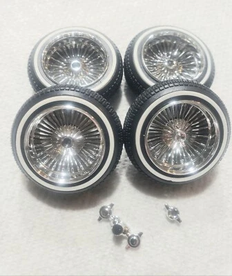 1/18 scale  chrome wire rims with white wall tires and  2 prong knock offs - Image 1 of 4