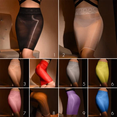 Women Sexy Oil Shiny Glossy Stretch Sheer Bodycon Skirt Transparent See Through - Image 1 of 4