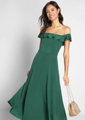 NWT ModCloth Ruffled & Radiant Off-Shoulder Green Maxi Dress - Size Medium Party - Image 1 of 4