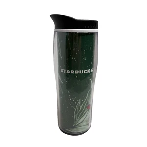 Vaso Starbucks 16 oz verde plástico transparente patrón de hojas tapa para sorber sin BPA USADO EN EXCELENTE ESTADO - Imagen 1 de 12