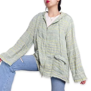 Flax 100% Linen Green Stripe Hooded Jacket Size M - Picture 1 of 16