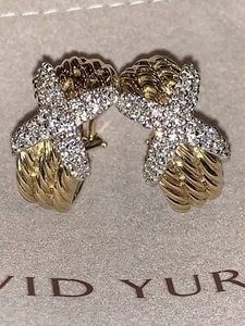 David Yurman 14K Gold Diamond X Triple Cable Earrings 15.8 Grams .72 TCW MINT - Picture 1 of 12