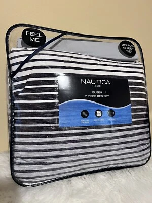 Conjunto de edredom Nautica 7 peças Queen NOVO conjunto de listras azuis e brancas - Imagem 1 de 3