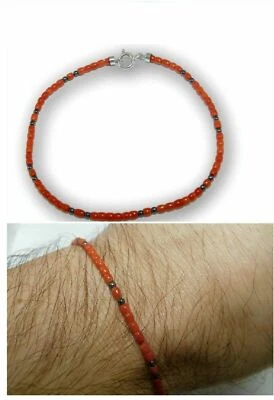 Bracciale di Uomo in ARGENTO 925 e VERO Corallo Rosso Braccialetto di Ematite - Immagine 1 di 4