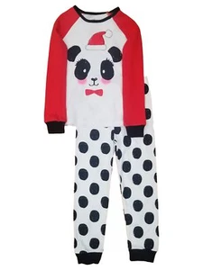 Girls Red & White Santa Panda Christmas Holiday Pajamas Top & Pants Sleep Set 4 - Picture 1 of 1