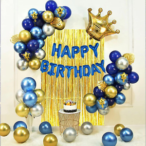 Birthday Party for Women Men Happy Banner Gold and Silver Blue Decoration Set