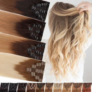 CLEARANCE 100% Remy Human Hair Clip In Real Hair Extensions Weft Full Head Ombre - Picture 1 of 55