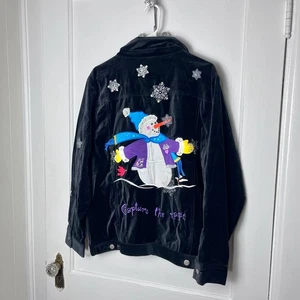 Vintage Quacker Factory Velvet Velour Snowman Winter Black Jacket Size Large - Picture 1 of 10