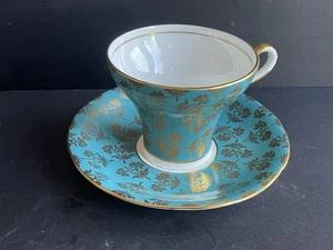 Aynsley Bone China Teacup Saucer Turquoise Corset Shape Gold Chintz Antique - Picture 1 of 7