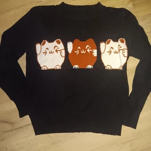 Women's Long Sleeve Sweater Happy Waving 3 Lucky Cats Black Knit No Brand - Picture 1 of 2